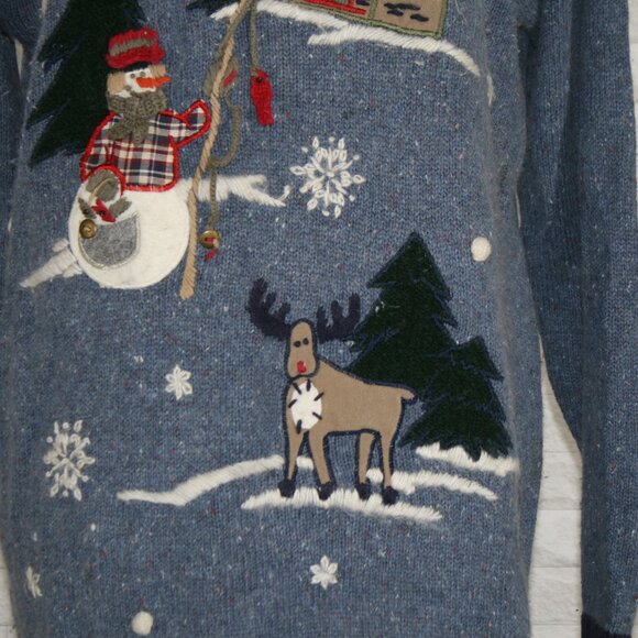 VICTORIA JONES Sweater Angora Blend Snowman Reindeer Embellished Heather Blue L - Picture 3 of 12